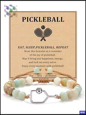 Pickleball Bracelet Natural Stone Beaded Adjustable Sport Jewelry Gift